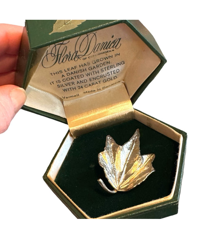 Vintage Boxed Flora Danica Sterling Silver 24k Vermeil Leaf Brooch DENMARK