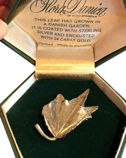 Vintage Boxed Flora Danica Sterling Silver 24k Vermeil Leaf Brooch DENMARK