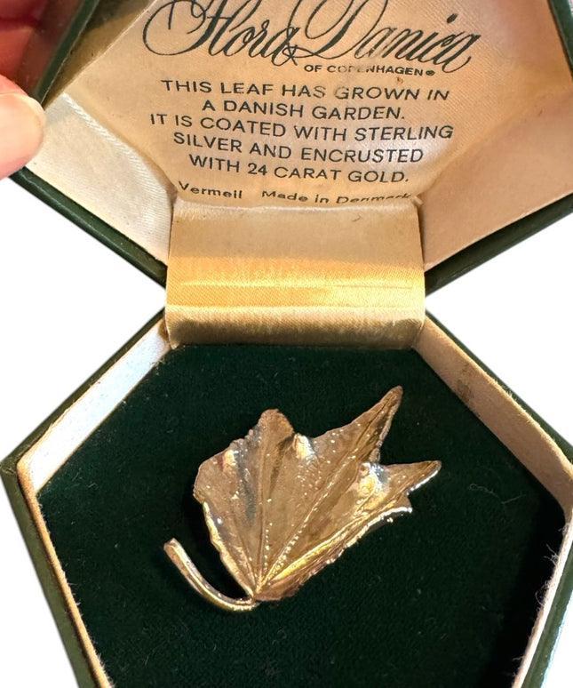 Vintage Boxed Flora Danica Sterling Silver 24k Vermeil Leaf Brooch DENMARK