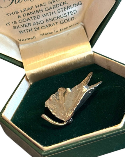 Vintage Boxed Flora Danica Sterling Silver 24k Vermeil Leaf Brooch DENMARK