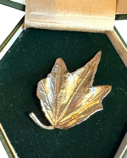 Vintage Boxed Flora Danica Sterling Silver 24k Vermeil Leaf Brooch DENMARK