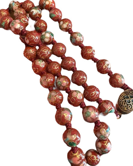 Vintage Chinese Export Cloissone enameled brown 7mm  Beaded Necklace