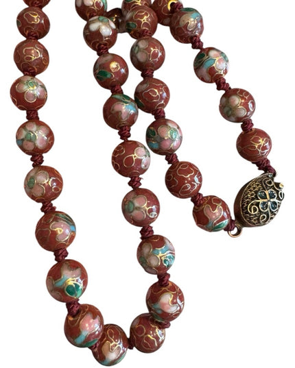 Vintage Chinese Export Cloissone enameled brown 7mm  Beaded Necklace