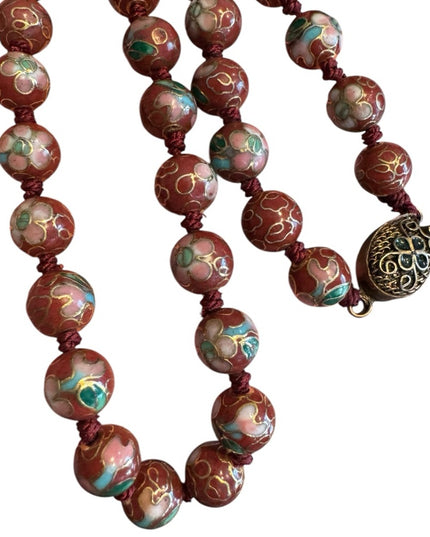 Vintage Chinese Export Cloissone enameled brown 7mm  Beaded Necklace