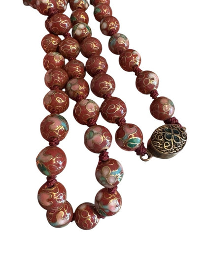 Vintage Chinese Export Cloissone enameled brown 7mm  Beaded Necklace