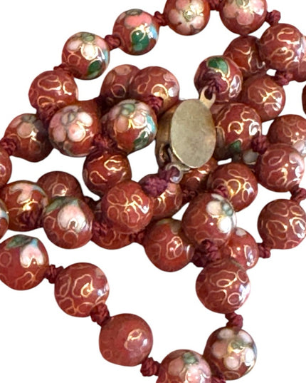 Vintage Chinese Export Cloissone enameled brown 7mm  Beaded Necklace