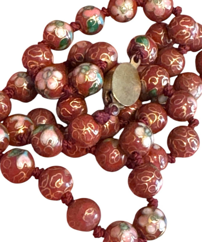 Vintage Chinese Export Cloissone enameled brown 7mm  Beaded Necklace