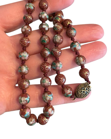 Vintage Chinese Export Cloissone enameled brown 7mm  Beaded Necklace