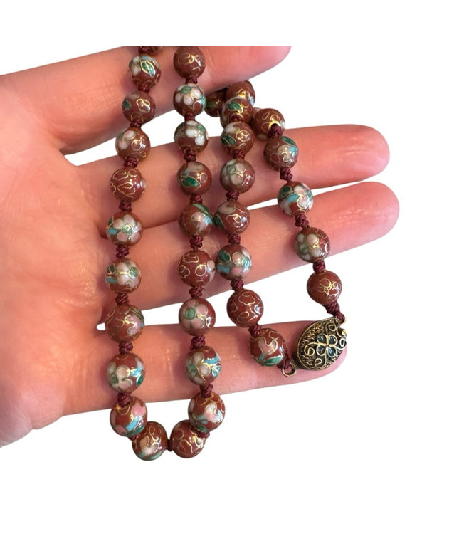 Vintage Chinese Export Cloissone enameled brown 7mm  Beaded Necklace