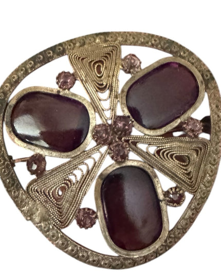 Antique Silver filagree Brooch purple paste glass triangle design Symbol Celtic
