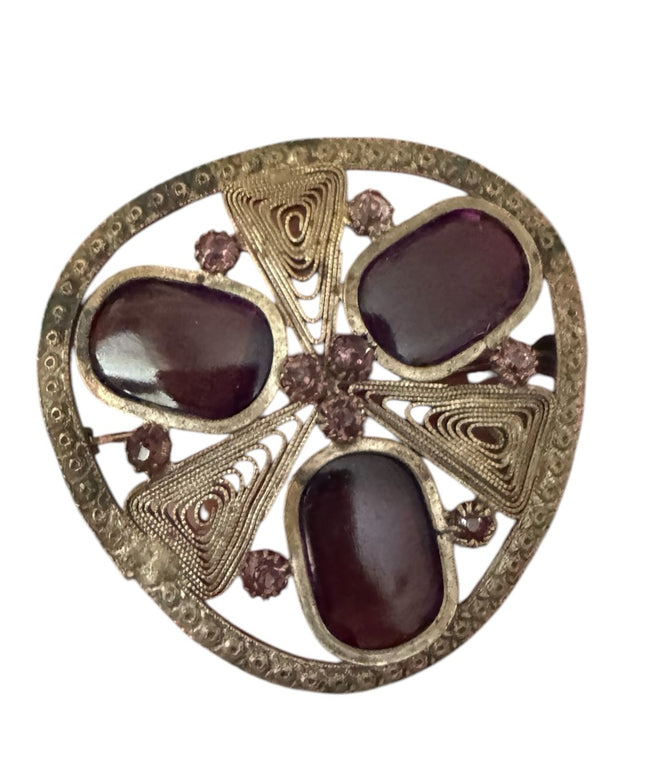 Antique Silver filagree Brooch purple paste glass triangle design Symbol Celtic