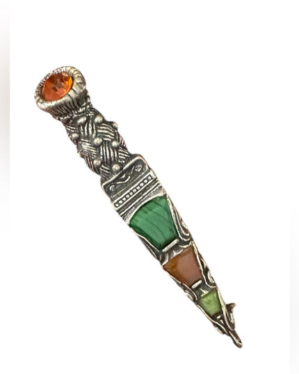 Vintage Scottisn Silver Celtic Brooch with Orange and Green Accents
