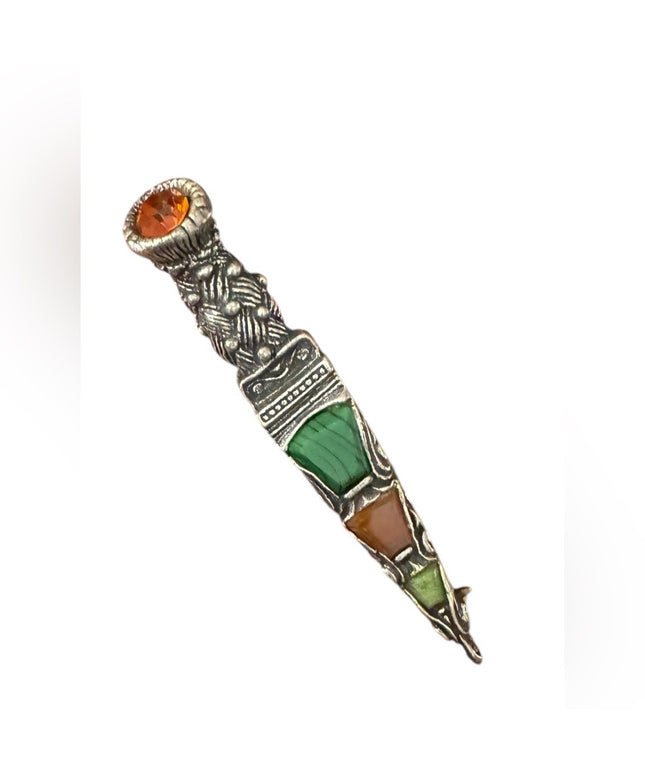 Vintage Scottisn Silver Celtic Brooch with Orange and Green Accents