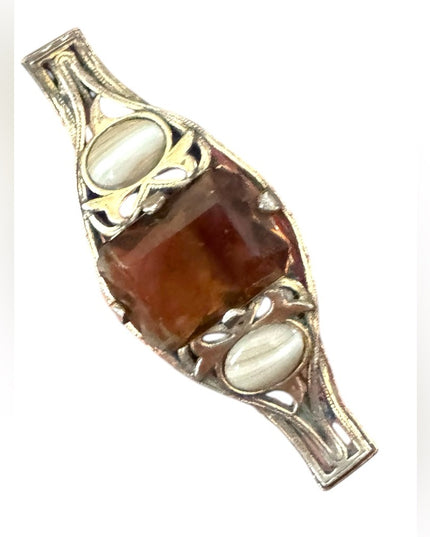 Antique Scottish Silver and Brown glass w agate fancy bar Brooch