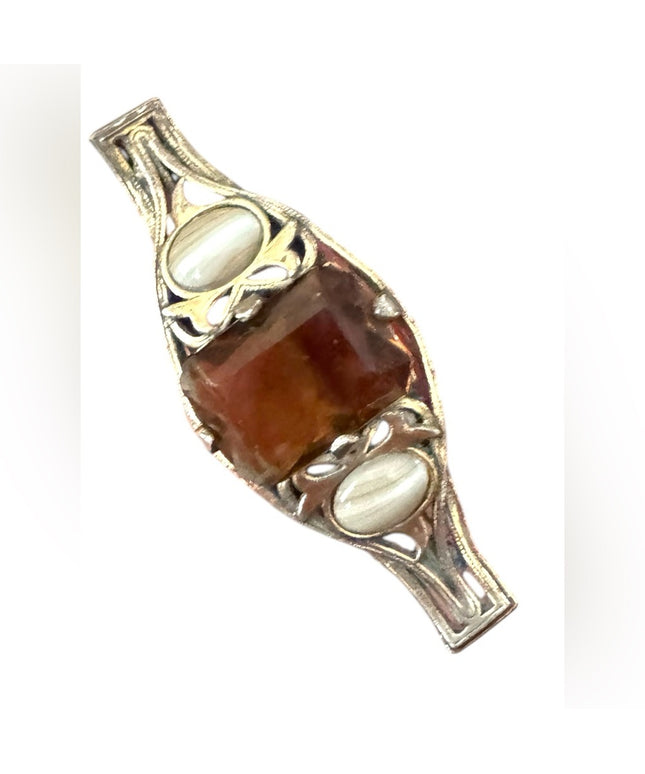 Antique Scottish Silver and Brown glass w agate fancy bar Brooch