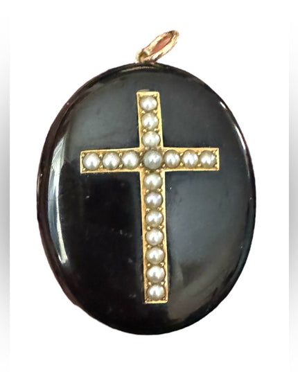 Elegant Antique Black JET mourning Black Pendant Locket  with Pearl Cross 1800s
