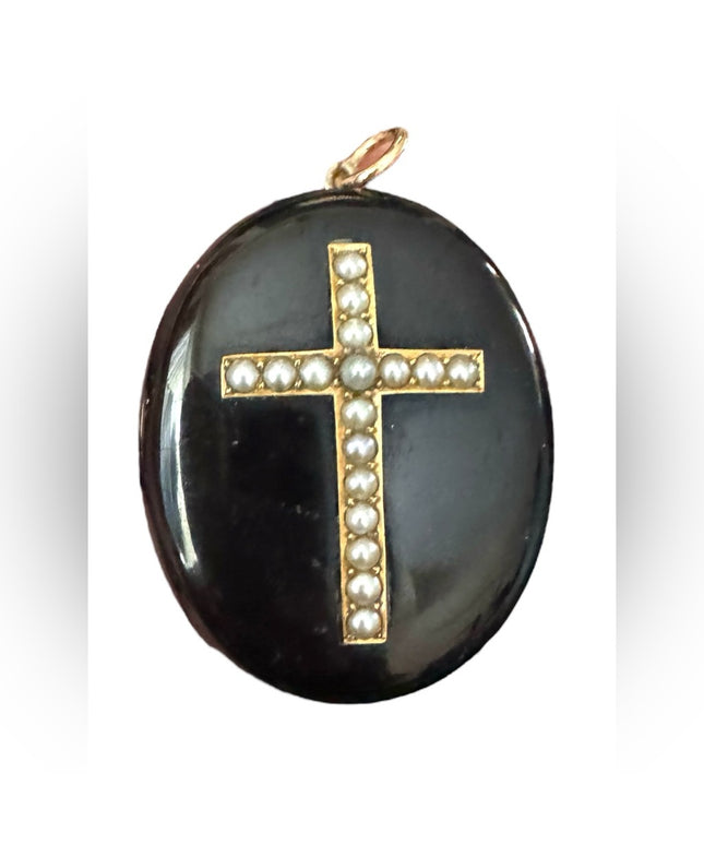Elegant Antique Black JET mourning Black Pendant Locket  with Pearl Cross 1800s