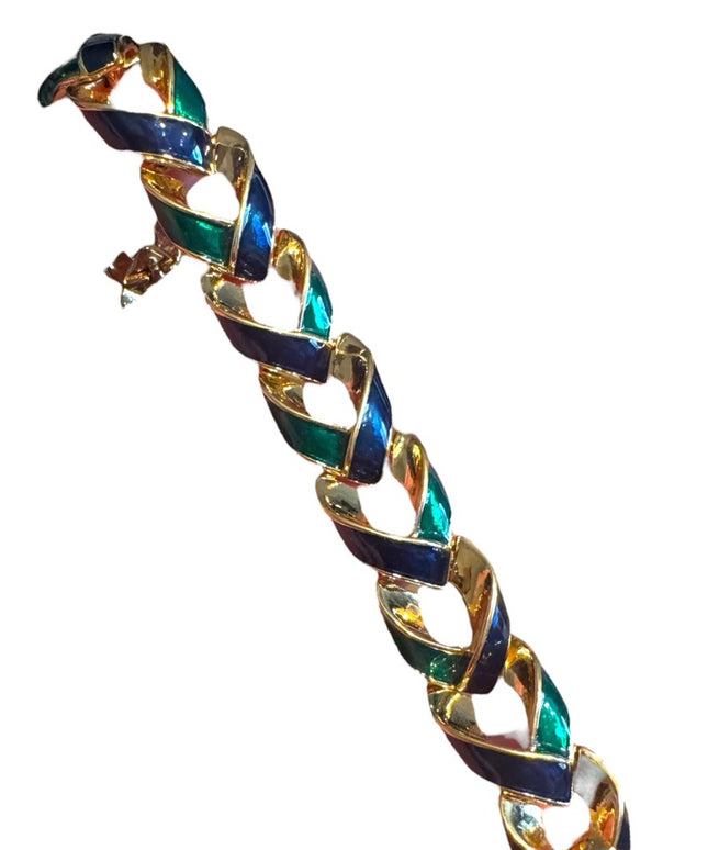 Vintage 1980s D’Orlan Gold plt Blue-Green enamel Chain link Bracelet