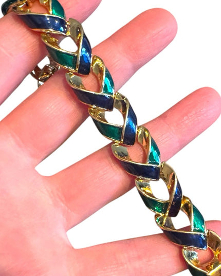 Vintage 1980s D’Orlan Gold plt Blue-Green enamel Chain link Bracelet