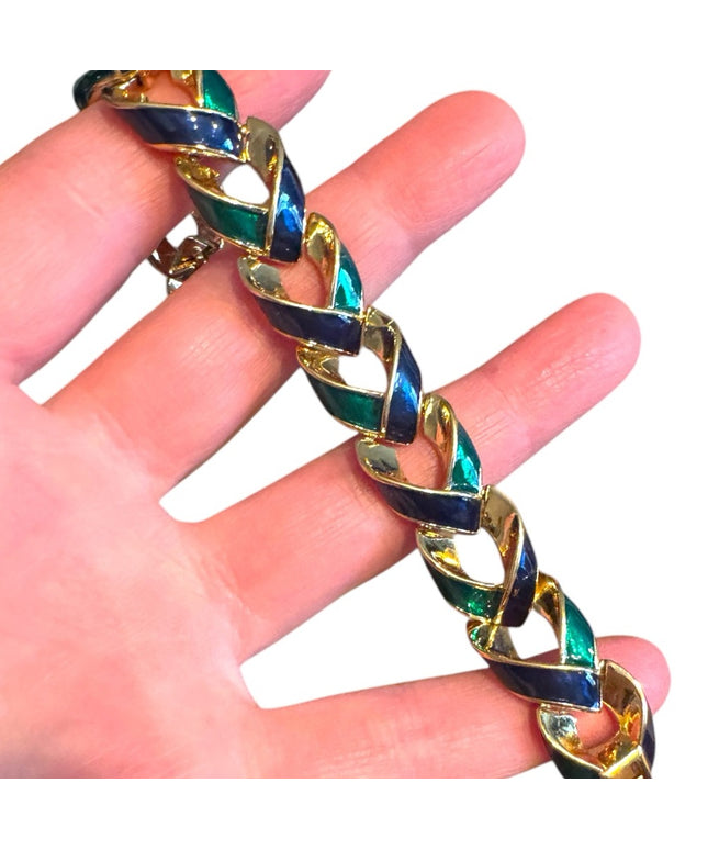 Vintage 1980s D’Orlan Gold plt Blue-Green enamel Chain link Bracelet