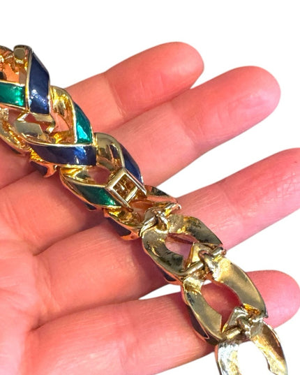 Vintage 1980s D’Orlan Gold plt Blue-Green enamel Chain link Bracelet