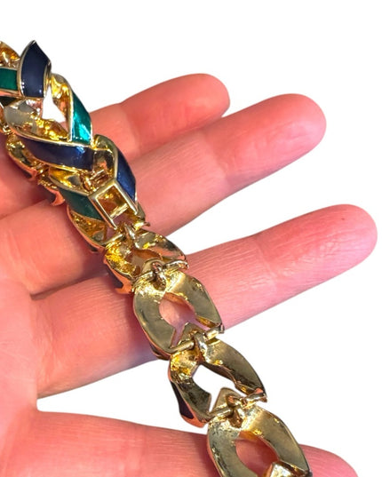 Vintage 1980s D’Orlan Gold plt Blue-Green enamel Chain link Bracelet