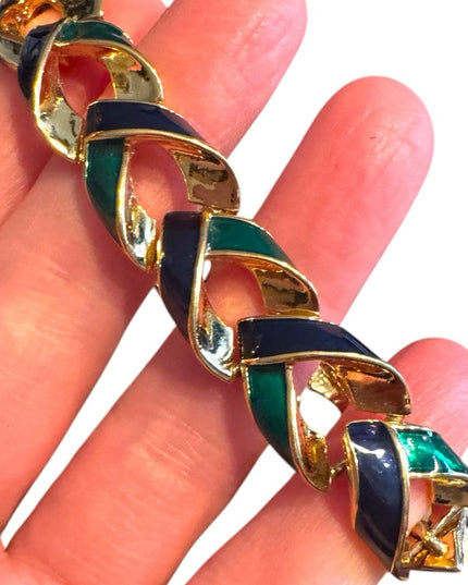 Vintage 1980s D’Orlan Gold plt Blue-Green enamel Chain link Bracelet