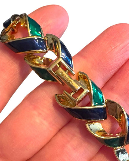 Vintage 1980s D’Orlan Gold plt Blue-Green enamel Chain link Bracelet