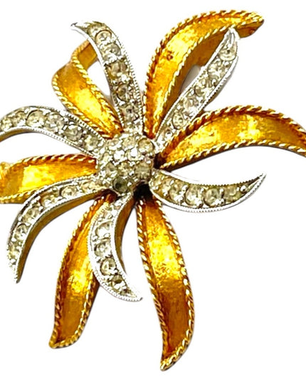 Vintage Brushed silver and gold rhinestone flower startburat brooch