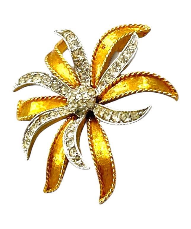 Vintage Brushed silver and gold rhinestone flower startburat brooch