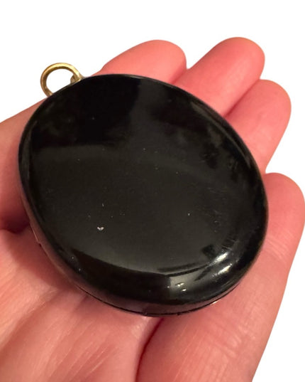 Elegant Antique Black JET mourning Black Pendant Locket  with Pearl Cross 1800s