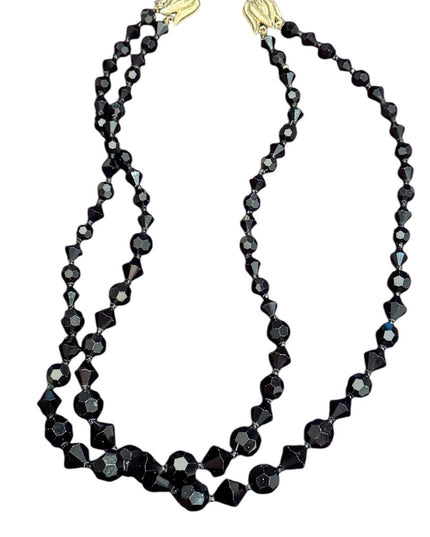 EVintage Japan Faceted Black Glass fancy Mourning Beads 1940s Beaded Necklace