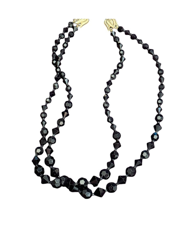 EVintage Japan Faceted Black Glass fancy Mourning Beads 1940s Beaded Necklace