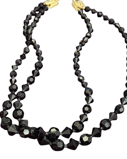 EVintage Japan Faceted Black Glass fancy Mourning Beads 1940s Beaded Necklace
