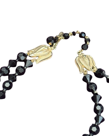EVintage Japan Faceted Black Glass fancy Mourning Beads 1940s Beaded Necklace