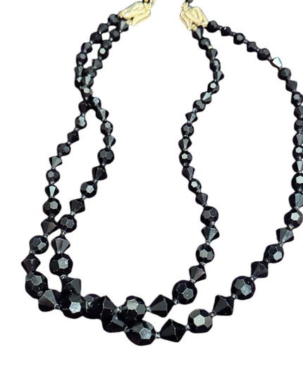 EVintage Japan Faceted Black Glass fancy Mourning Beads 1940s Beaded Necklace