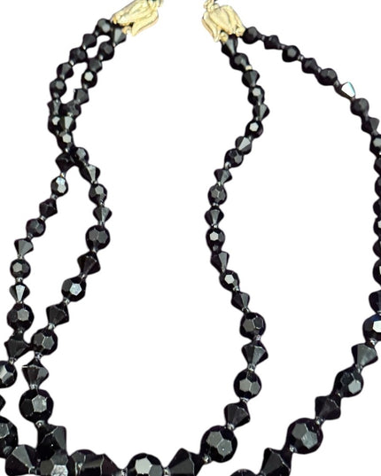 EVintage Japan Faceted Black Glass fancy Mourning Beads 1940s Beaded Necklace