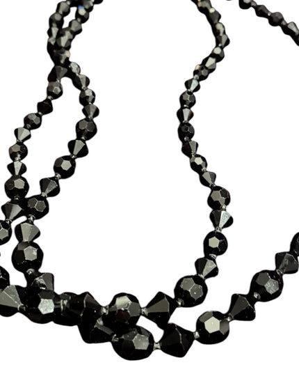 EVintage Japan Faceted Black Glass fancy Mourning Beads 1940s Beaded Necklace