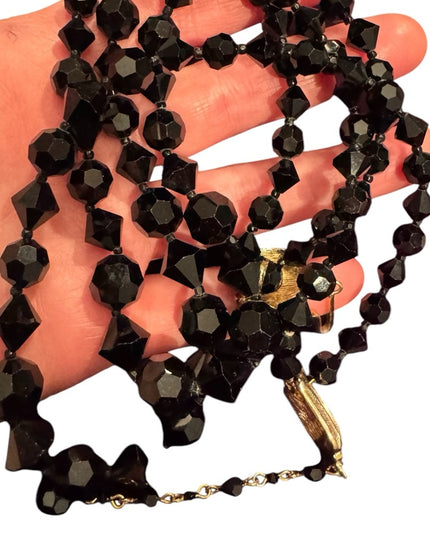 EVintage Japan Faceted Black Glass fancy Mourning Beads 1940s Beaded Necklace