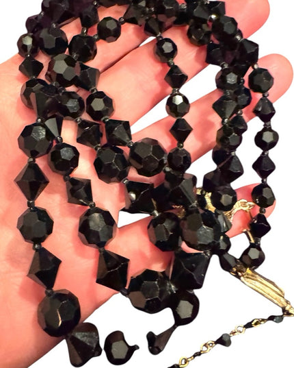 EVintage Japan Faceted Black Glass fancy Mourning Beads 1940s Beaded Necklace
