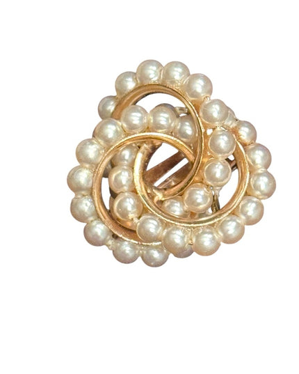 Elegant Vintage TRIAD 1950s Gold and Pearl swirl infinity Brooch Earring Set