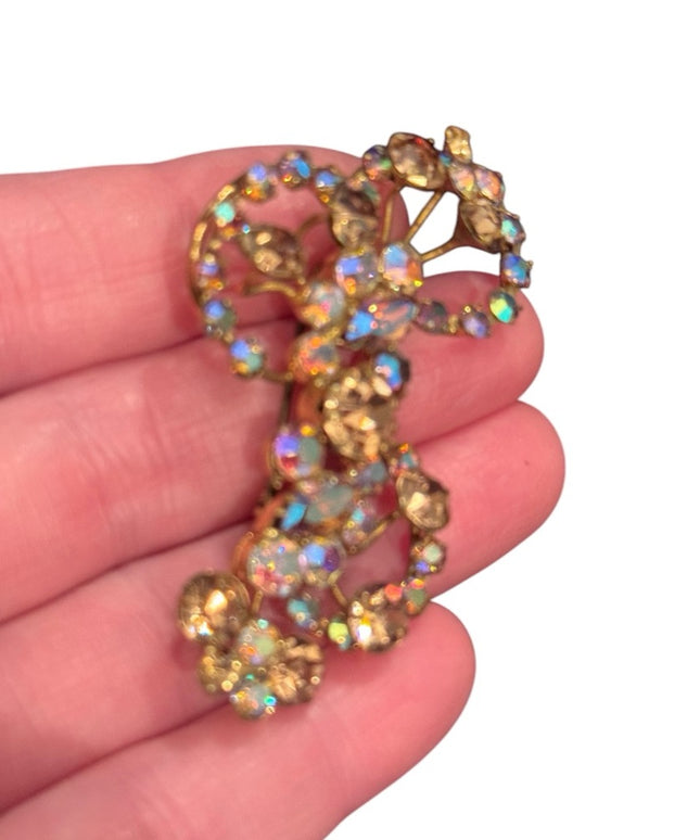 Vintage Triad Gold plate AB Champagne Crystal Iridescent Rhinestone Brooch 1940s