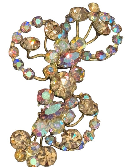 Vintage Triad Gold plate AB Champagne Crystal Iridescent Rhinestone Brooch 1940s