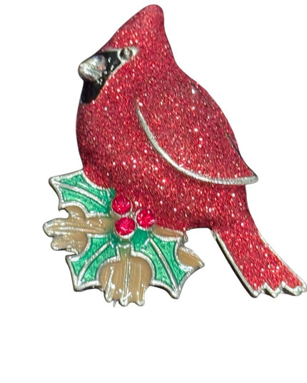 Sparkling Red Cardinal Holiday Winter Brooch silver finish