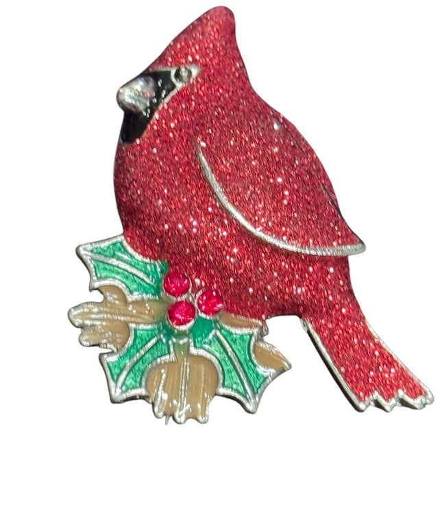 Sparkling Red Cardinal Holiday Winter Brooch silver finish