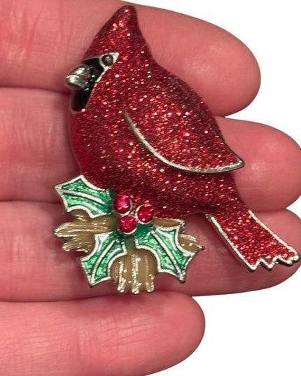 Sparkling Red Cardinal Holiday Winter Brooch silver finish