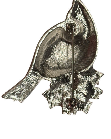 Sparkling Red Cardinal Holiday Winter Brooch silver finish