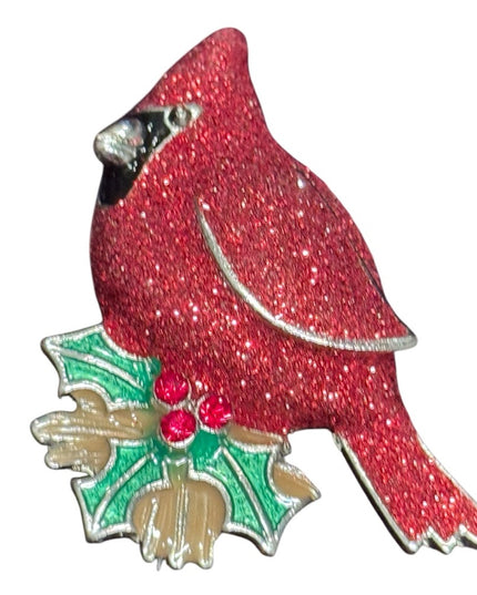 Sparkling Red Cardinal Holiday Winter Brooch silver finish