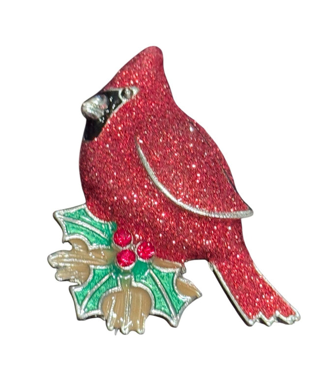 Sparkling Red Cardinal Holiday Winter Brooch silver finish