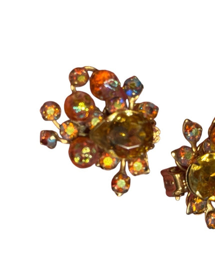 Stunning Vintage 1940s Beaujewels Gold and Orange AB Crystal Earrings clip ons